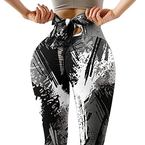 BOTCAM Pantalones de verano con estampado Tie-Dye, transpirables, con nudo para mujer, cintura alta con control de abdomen, suaves, cómodos, de fitness, yoga, opacos, para correr, gris, XXL