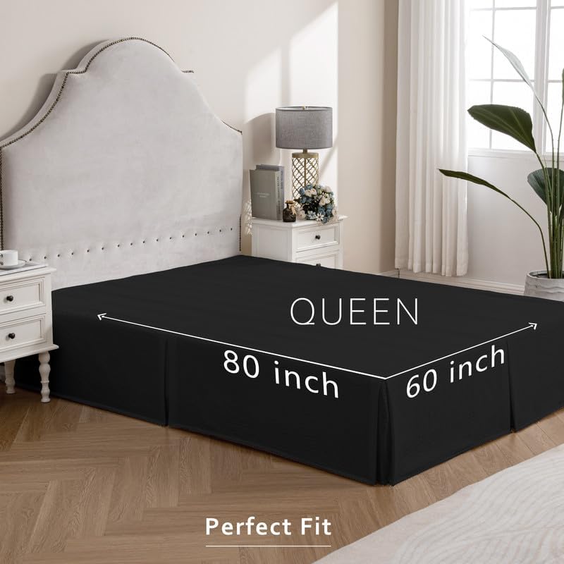 Image of MIYE Pleated Waffle Weave Bed Skirt, Tailored Dust Ruffle 12 Inch Drop Easy Fit, Machine Washable (Black, Queen - 12 inch Drop)