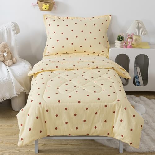 Image of Caressma Polka Dots Yellow Toddler Bedding Set 4 Pieces Kids Comforter Set | Vintage Crib Comforter Set, Includes Comforter, Fitted Sheet, Flat Sheet & Pillowsham, Polka Dots Nursery Toddler Bedding