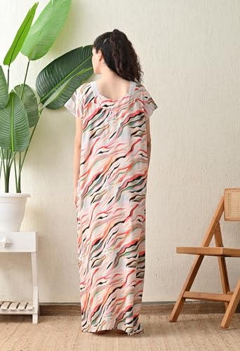 Image of Ichaa Women's Rayon Printed Round-Neck Nighty with Pocket, in Plus Sizes