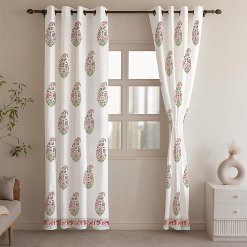 Image of LINENWALAS Decorative Printed Cotton Semi Sheer Curtains 7 Feet Long Set of 2 Panel, Eyelet Ring Hanging, Paisley Bloom Curtains for Children Room, Living Room, Home Decor (L-7 x W-4.5 Feet), White