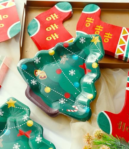 Winoo Design 100PCS Christmas Dessert Plates and Napkins Bulk - 50 PK - Small Tree Paper Plates Xmas Disposable Plates Stockings Napkins for Christmas Decorations Décor Party Supplies – Image 5