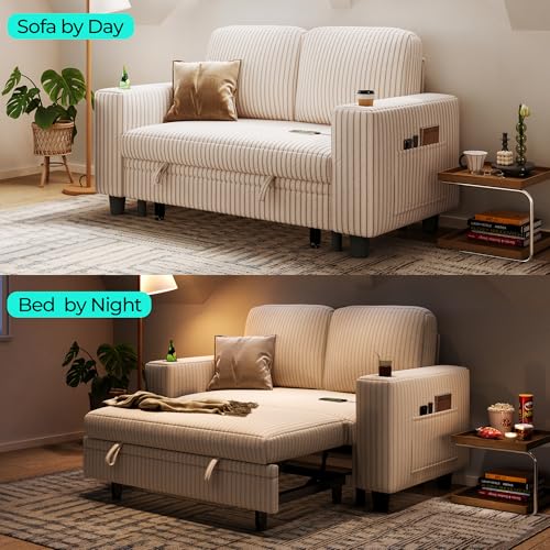Image of LINSY HOME Sectional Sleeper Sofa Bed, Corduroy Pull Out Couch for Living Room (Beige,Small Couch)|USB Ports, Cup Holder, Side Pocket|2 Seater Convertible Sofa Bed| Apartment Guest Room, Loveseat