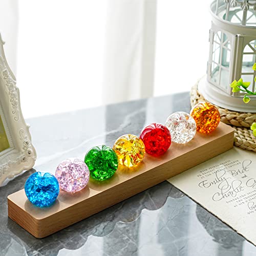7 Colors Ice Cracked Balls with LED Wooden Base 40mm Healing Sphere Balls Set Crystal Chakra Night Light Decor for Home