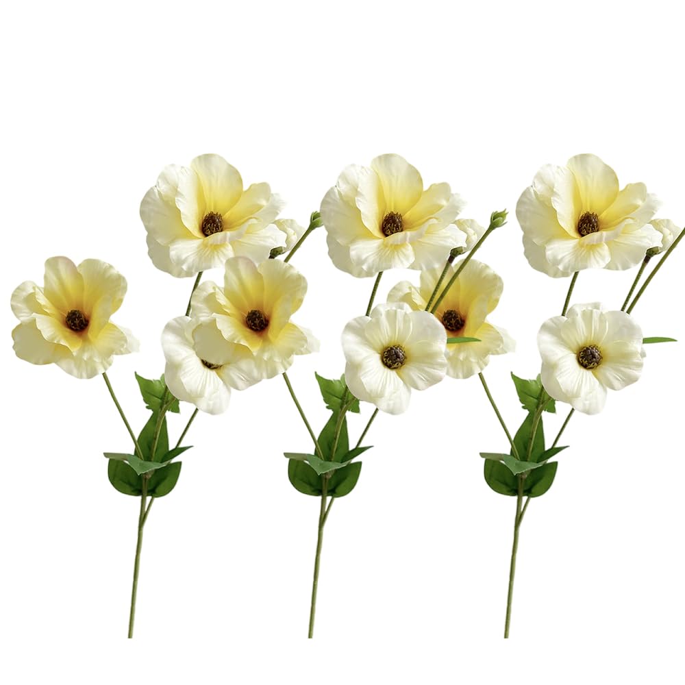 Bqee Yellow Artificial Ranunculus 3Pcs Fake Peonies Persian Buttercup,Plastic Flowers For Home Wedding Decoration (Yellow)