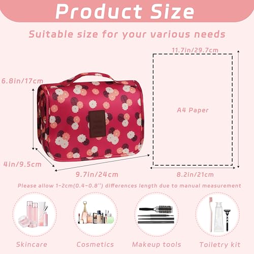 Image of Toiletry Bag Travel Bag with Hanging Hook,Wine Red FLower | Waterproof Small Capacity Hanging Makeup Bag for Toiletries, Portable Cosmetic Bag Travel Organizer for Women Men
