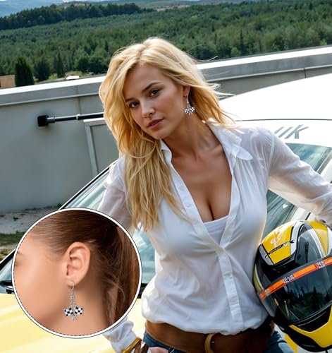 Checkered Flag Earrings, ValueBargain 2 Pairs Checkered Flag Earrings for Women Black and White Race Charm Dangle Earrings Ideal for Women Racing Fans and Race Day Accessories2