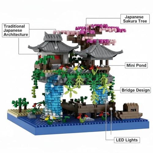 Image of SKY LINE OCEAN Cherry Blossom Bonsai Tree Building Set (920+ Pieces) with LED Lights & Pond | DIY Sakura Tree Display Model | Decorative Construction Toy for Ages 14+