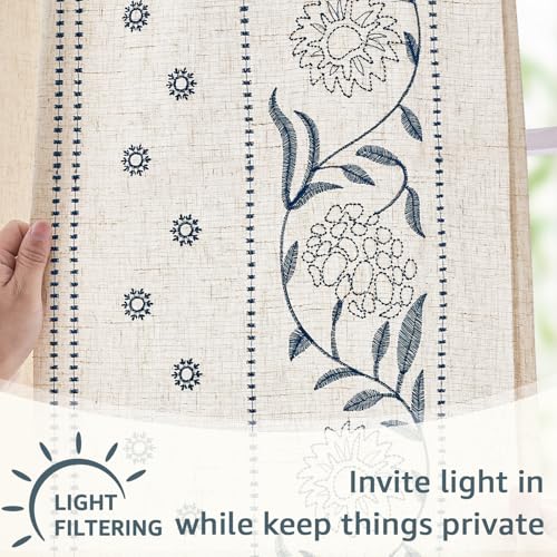Image of jinchan Blue Floral Linen Curtains for Living Room 84 inch Back Tab 4 Panels