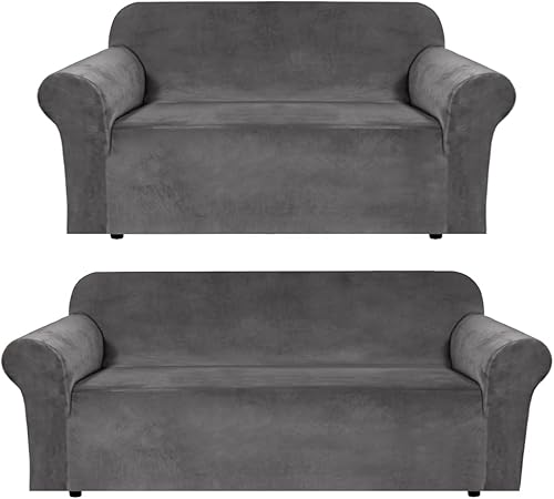 H.VERSAILTEX Funda elástica de terciopelo para sofá, fundas para sofá de 3 cojines (72-96 pulgadas, gris), paquete de funda para sofá biplaza,