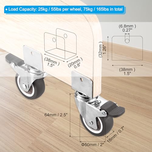 PATIKIL 2" Roulettes pivotantes avec support U 3/4" 4 Remplacement de roue pivotante avec charge totale de frein 165lbs pour la table de meubles de cabinet