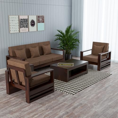 Image of Solid Sheesham Wood 5 Seater Sofa Set (3+1+1) - Elegant Wooden Sofa Set for Living Room Home Decor (Design 9)
