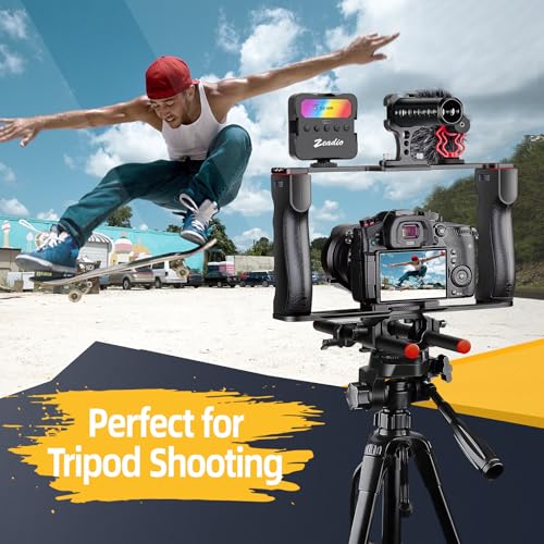 Image of Zeadio Camera Video Rig Cage, Aluminum Filmmaking Movie Making Kit with Top Handle, Arca Type Base, 15mm Rod Guide, RGB Light&Microphone, Compatible with All DSLR Camera and Camcorder