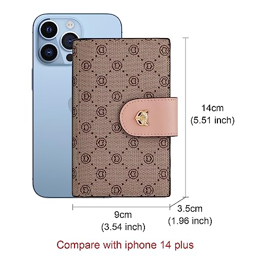 Foxlover Signature Pvc Leather Wallets For Women, Monogram Artificial Leather Rfid Blocking Ladies Card Holder With Zipper Pocket Women's Bifold Wallets Credit Card Cases (Khaki With Pink) #TOP1