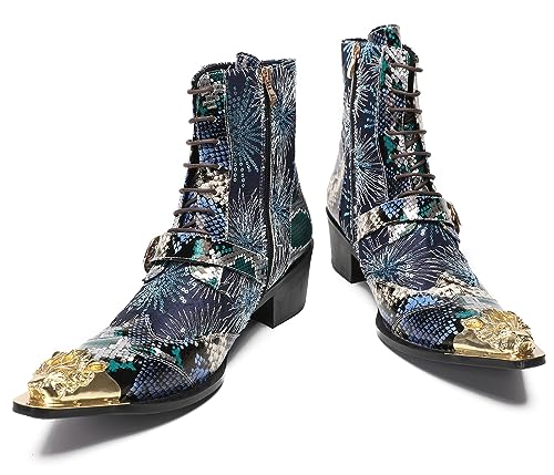 Santimon Mens Dress Casual Western Cowboy Boots - Genuine Leather Mid Top Boots with Shining Sequins & Metal Wingtip Toe for Ballroom Disco Party4