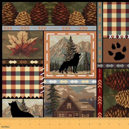 jejeloiu Cute Wolf Fabric by The Yard Wolves Howling Upholstery Fabric for Chairs for Kids Boys Animal Wolves Wild Animal Rustic Cabin for Home DIY Projects, Waterproof Indoor Outdoor Decor 1 Yard