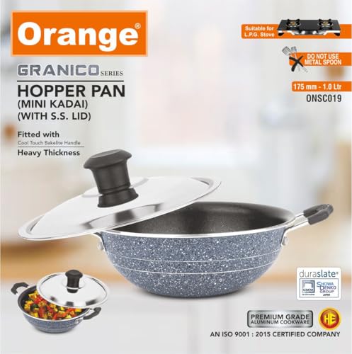 Image of Orange Granico Series Non-Stick Mini kadai /Hopper pan with Stainless Steel Lid, Aluminium 2.6mm Thickness | Free Nylon Spatula & Scrubber | 175mm, 1 Lit Capacity | Gas Stove Friendly | 1Year Warranty
