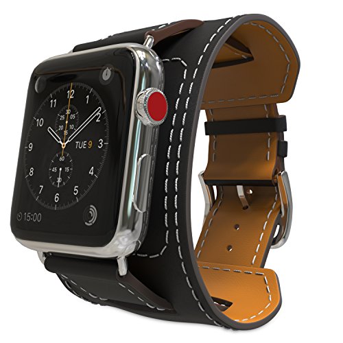 MoKo Compatible Band Replacement for Apple Watch 38mm 40mm Series 5/4/3/2/1, Genuine Leather Smart Watch Band Cuff Strap - Black (Not Fit 42mm 44mm Versions)