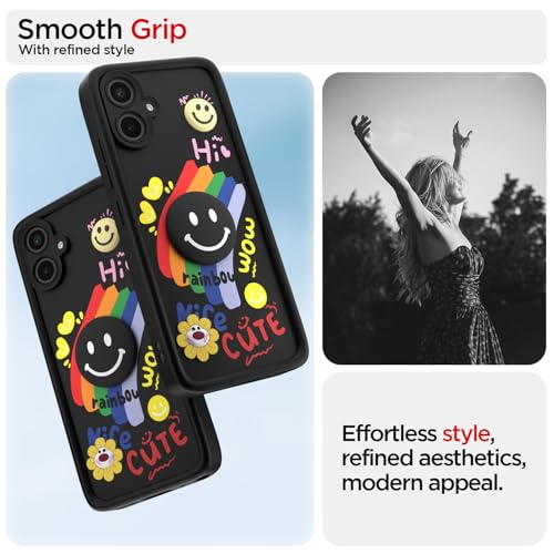 Image of Pikkme Back Cover for Samsung Galaxy M05 / A05 / F05 | Soft Silicone| Cute Rainbow Smile & 3D Cartoon Flower Design | Shockproof Raised Camera Protection Bumper Case (Black)
