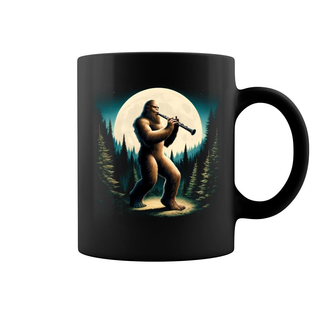 Generic Sasquatch Bigfoot Playing Oboe on Full Moon Oboe Player Oboist Black Mug - Printed on Both Sides, 11oz
