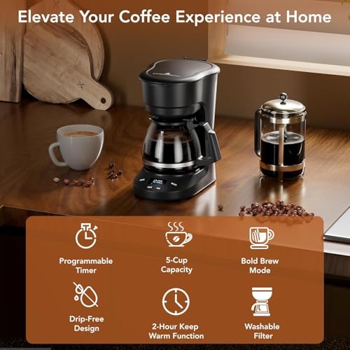 Image of Electactic 5 Cup Programmable Drip Coffee Maker, 24H Delay Brew, 2H Keep Warm & Auto Shut Off, Pause & Serve, Reusable Filter, Glass Coffee Pot, Small Coffee Machine for Home Office