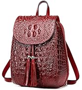 Women Small Genuine Leather Backpack Purse Crocodile Designer Bag (Wine Red)