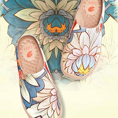Uin Women's Slipper Fashion Canvas Comfort Travel Art Painted Shoes Wide Toe Casual Household Slip On Mules Nelumbo (6) #TOP1