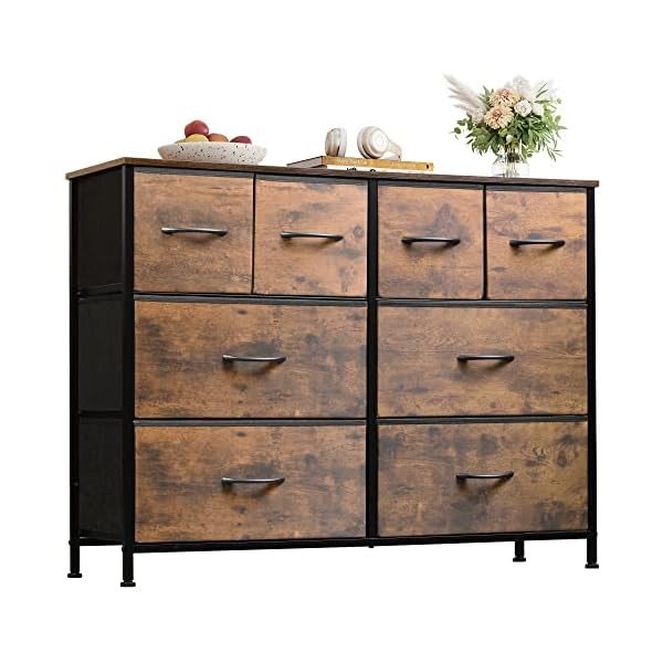 WLIVE Dresser for Bedroom with 8 Drawers, Wide Fabric Dresser for Storage and Organization, Bedroom Dresser, Chest of Drawers for Living Room, Closet, Entryway, Nursery, Rustic Brown Wood Grain Print