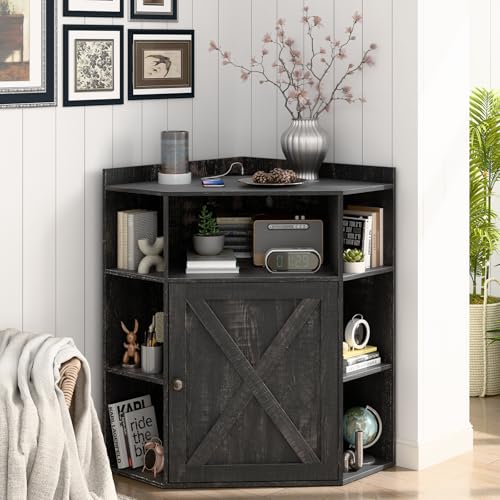 Image of Halitaa Corner Storage Cabinet, Farmhouse Corner Bookshelf with Storage 6-Cubby Wooden Cabinet with USB Ports and Outlets Industrial Organizer for Small Space, Study, Playroom, Living Room
