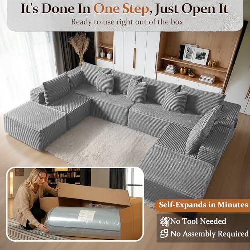 Image of 138 inch Cloud Sectional Couch, Comfort U Shaped Sofa for Living Room, Extra Deep Seats No Assembly, Minimalist Modular Couch, Corduroy (Light Grey, 8 Seats,U-Shape A)