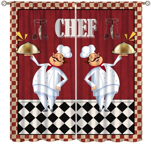 wlsgdsg Kitchen Blackout Curtains Red Fun Chef Farmhouse Black and White Checkered Cooking Gourmet Tableware Windows Treatments Rod Pocket for Living Room Bedroom Cafe Dining Room 63X63in