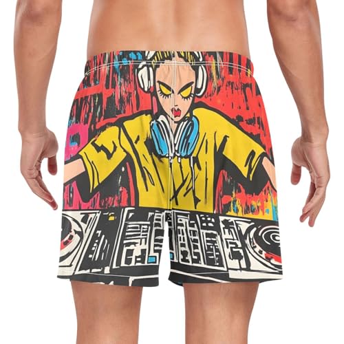 Mens Swim Trunks with Liner, Dj Woman Graffiti Cool Quick Dry Beach Swim Shorts, Swimwear Bathing Suits S2
