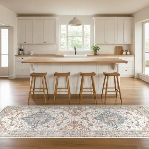 Runner Rug Kitchen Washable Rugs: 3x10 Non-Slip Boho Vintage Distressed Stain Resistant Indoor Neutral Farmhouse Throw Carpet for Hallway Bathroom Laundry Room Entryway Bedroom- Beige Blue