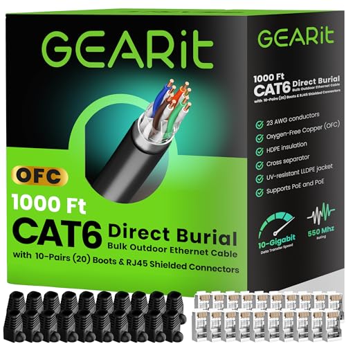 Image of GEARit Cat6 Outdoor Ethernet Cable (Cat 6 DIY Kit - 1000ft Bulk Cable | x20 RJ45 | x20 Boot) 23AWG OFC Pure Copper, FTP, LLDPE, Waterproof, Direct Burial, In-Ground, UV, POE, Network, LAN, Internet