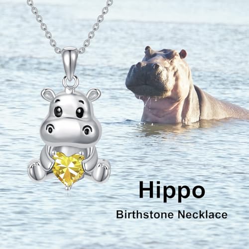 Image of PROESS Animal Birthstone Necklace 925 Sterling Silver Otter /Axolotl /Hippo /Elephant /Dachshund /Monkey /Red Panda Pendant Necklace Animal Birthstone Jewelry Gifts for Women