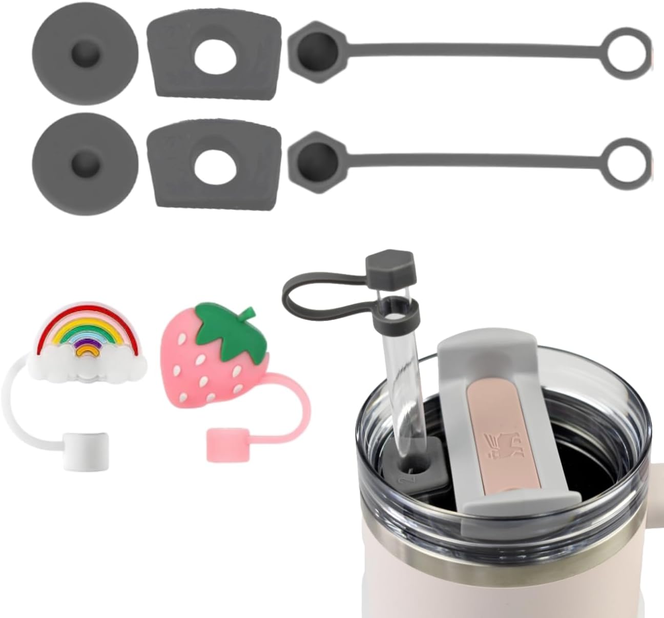 CONQUERALL Gray Leak Proof Straw Caps 3 Piece Silicone Material for Stanley Mug Universal Accessory for On-the-Go Use