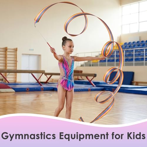 Image of YGEOMER 2Pcs Dance Ribbons for Kids, Rainbow & Gradient Gymnastics Ribbon Wands, Ballet Party Favors for Girls, Birthday Decor & Performance Props