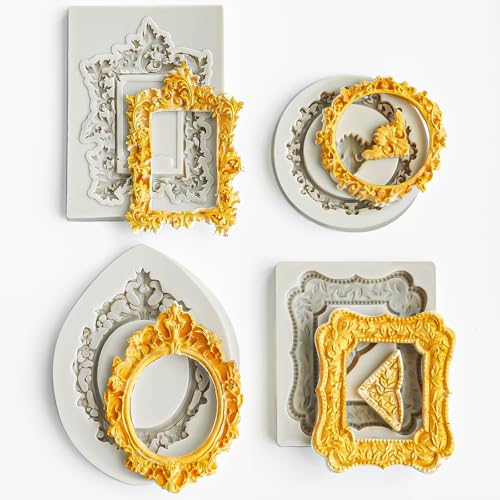 Image of HKNMTT Picture Frame Molds Silicone Baroque Vintage for Fondant Candy Clay Covered Oreo Cake Photo Decorating Cupcake Toppers, 4 Shaped Round Square Frame Moulds Craft DIY Supplies Set