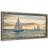 Coastal Framed Wooden Wall Art: Ocean Painting Art Sail Boats Artwork Decor Sunset Seascape Pictu...