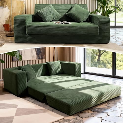 Metokeg 3-in-1 Foldable Sofa Bed,85 Inch Oversized Corduroy Upholstered Boneless Couch with Pillow, Loveseat Sleeper with Pull Out Bed No Installation for Living Room Bedroom Lounge Studio,Green
