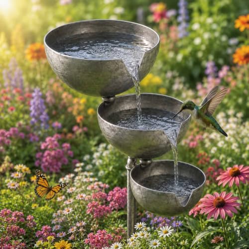 Rain Catcher Bird Bath Tiered - Bring Life Back to Your Garden 3-Layer Self Filling Bird Bath Stake for Hummingbird Butterfly & Bee Vintage Watering Station for Garden Lawn Yard (Morden)
