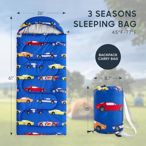 Wake In Cloud - Bolsa de Dormir para Niños, Camping Ligera y Compacta para 3 Estaciones, 61x26 pulgadas, Azul miniatura 2