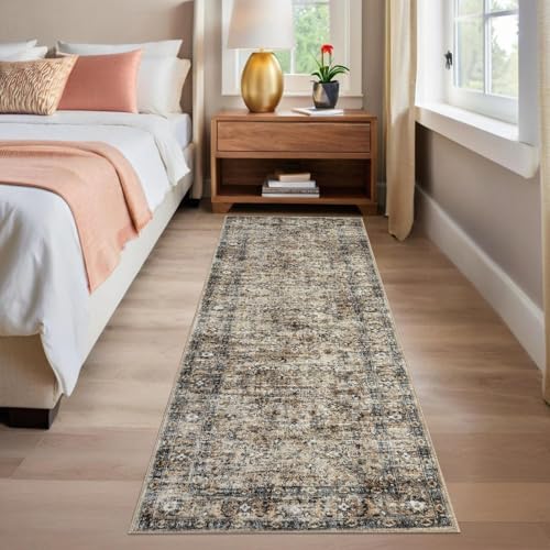 GarveeHome Washable Runner Rug 2x6 Vintage Carpet Runner with Non Slip Backing Foldable Non Shedding Retro Accent Rug Low Pile Distressed Throw Rug for Hallway Office Bedroom, Brown