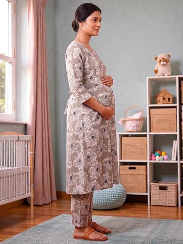 Image of RITIJYA Pure Cotton Feeding Kurta Pant Set for Women | Floral Anarkali Pregnancy Dress with Concealed Nursing Zipper Side Pocket | Pre & Post Partum | Maternity Dresses | Baby Shower Outfit