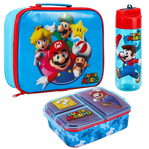 Zawadi Global Super Mario Kids Childrens Lunch Box Set Insulated Lunch Bag Multicompartment Lunch Box & 580ml Water Bottle - School Travel Lunch Food Set BPA Free