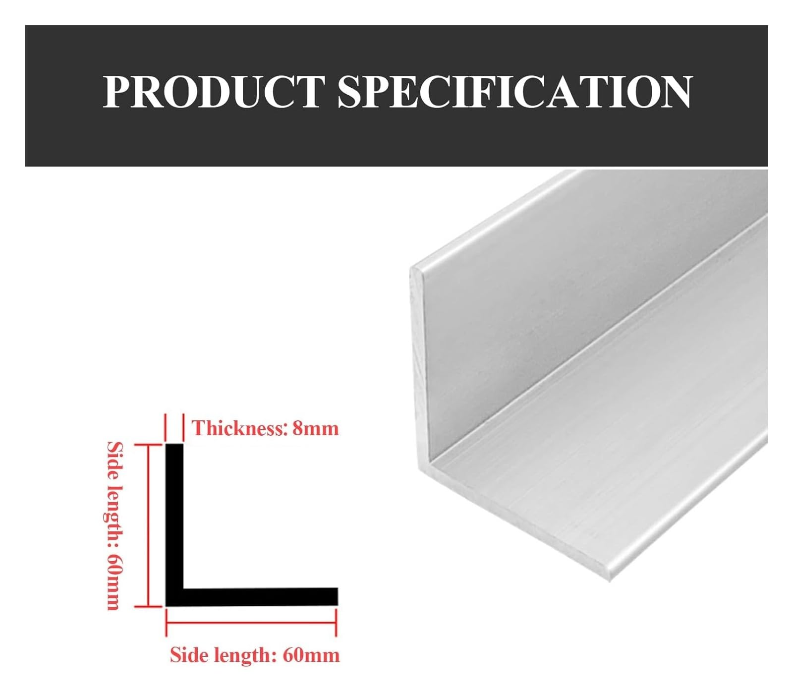 Perfil angular de aluminio 6063, longitud 500 mm, barra angular de aluminio en forma de L, 60 × 60 × 6 mm - 200 × 60 × 6 mm, apto for construcción.(60x60x8x500mm)