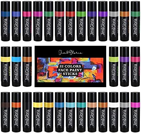 Jim&Gloria Face Paint 32 Colors with Metallic Neon Bulk Body Paint Kit For Christmas Stocking Stuffers Gift Costume Makeup Cosplay Face Painting Party For Kids And Adults, Safe Body Marker Pens