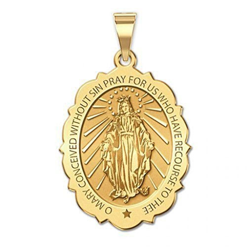 PicturesOnGold.com Miraculous Medal Scalloped Oval - 3/4 Inch X 1 Inch - Solid 14K Yellow Gold