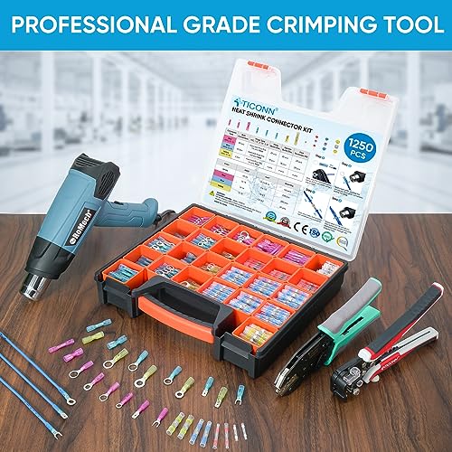 Image of TICONN 1250 Pcs Heat Shrink Wire Connectors, Marine Crimp Ring Terminal Kit | Waterproof Seal, Corrosion Resistant Thick Tinned Copper, 3:1 Heat Shrink, Color-Coded Identification, Auto & Marine Use