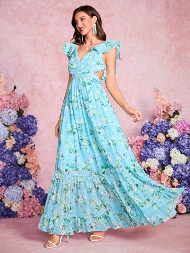 Image of Women's Summer Floral Print Straps Sleeveless V Neck Criss Cross Backless Chiffon Beach Boho Party Long Maxi Dress